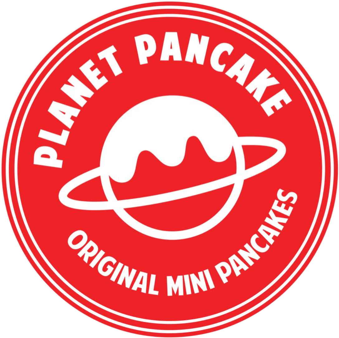 The Planet Pancake Logo: circular shape with a pancake covered in sauce surrounded by an orbit. The text says: Planet Pancake - Original Mini Pancakes. The design mixes red and white.