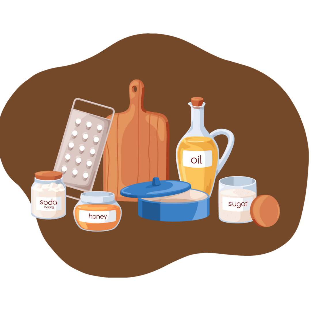 Cartoon composition detailing some of the ingredients and utensils required to make pancakes, such as oil, honey, sugar and soda.